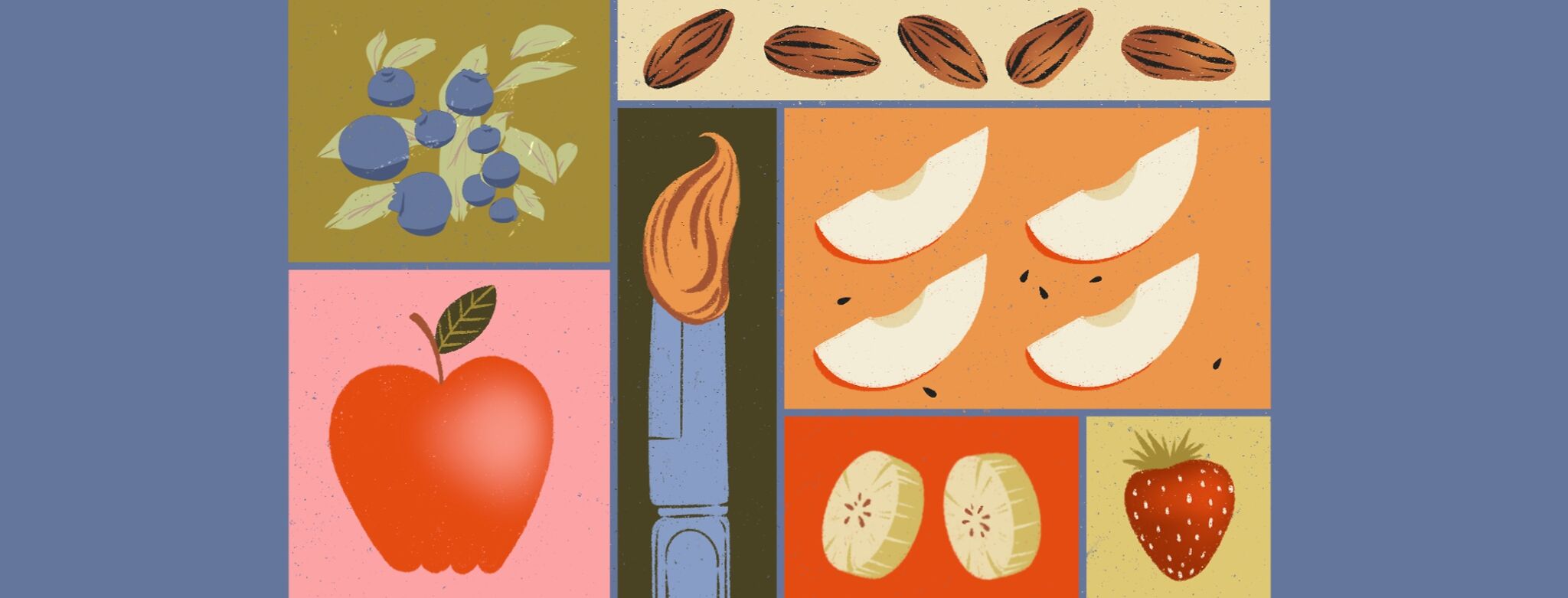 An illustration arranged in a grid style, featuring whole foods including blueberries, an apple, almonds, sliced bananas, a strawberry, and apple slices alongside a knife spreading nut butter, representing whole-food alternatives and healthy dessert recipes for advanced breast cancer patients.